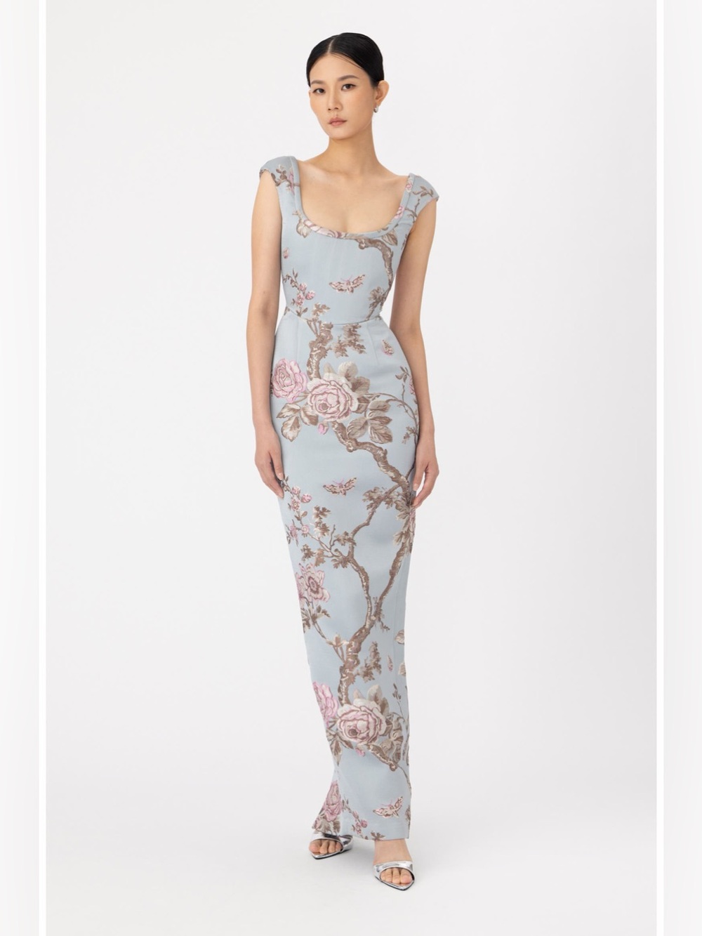 Sau Lee Brooke Brocade Gown in Blue Ash Floral Print